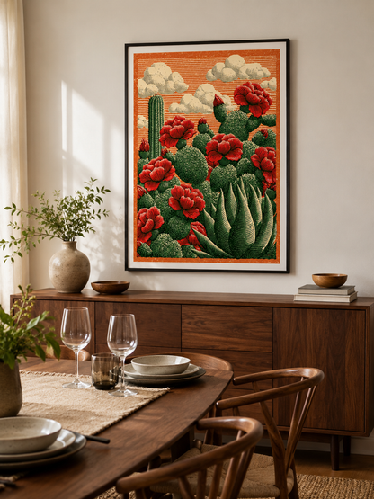 Affiche Cactus Fleurs Rouges - Wall Art Decor - packaging - prickly pear art print, mexican cactus wall art