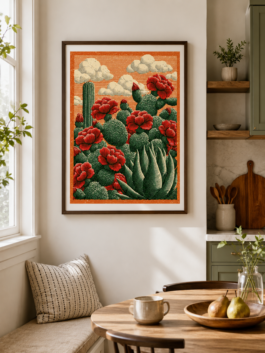 Affiche Cactus Fleurs Rouges - Wall Art Decor - front view - prickly pear art print, mexican cactus wall art