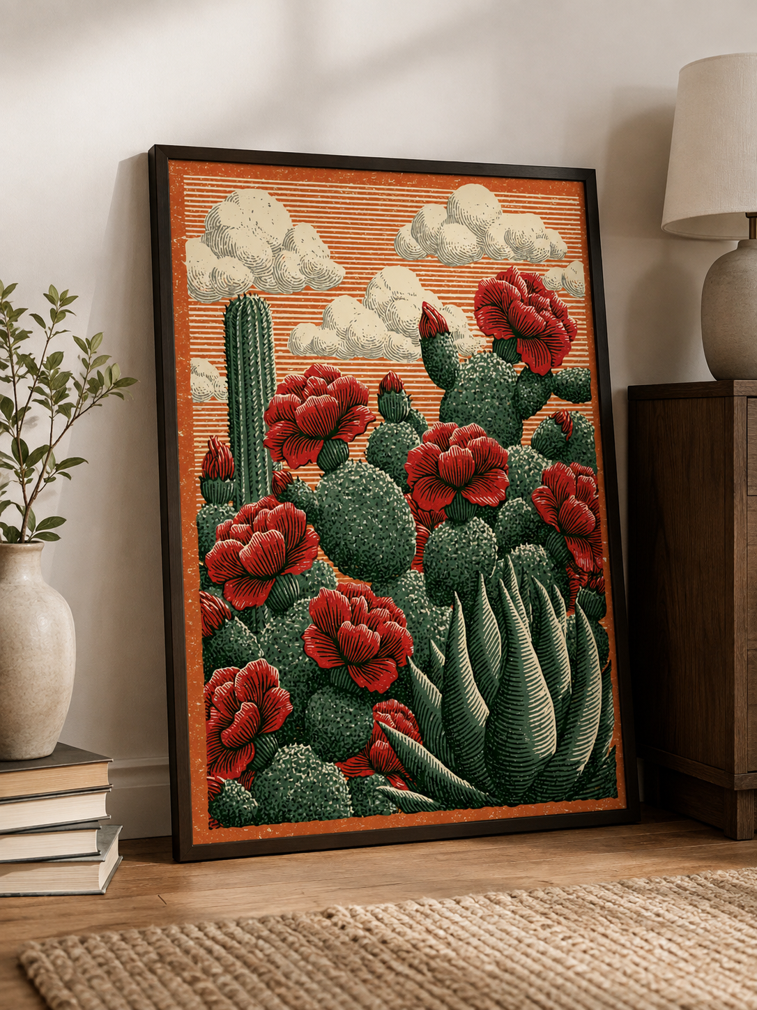 Affiche Cactus Fleurs Rouges - Wall Art Decor - detail view - prickly pear art print, mexican cactus wall art