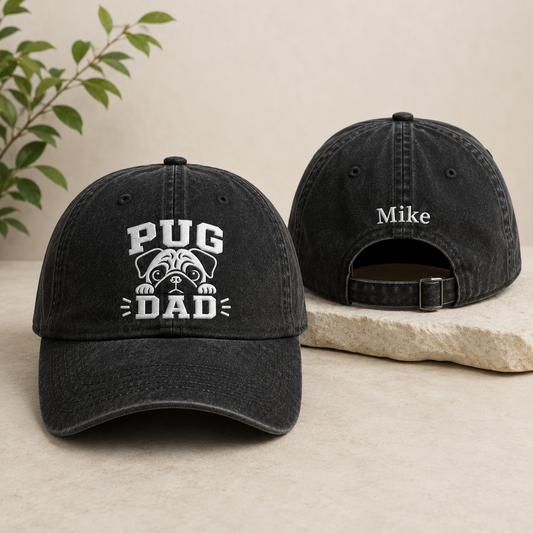 Pug Dad Embroidered Washed Cap - Washed Cap - front view