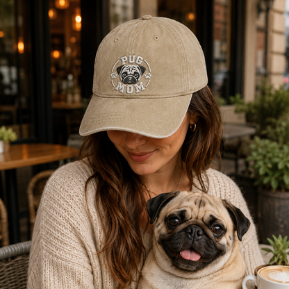 Pug Mom Embroidered Washed Cap - Washed Cap - lifestyle