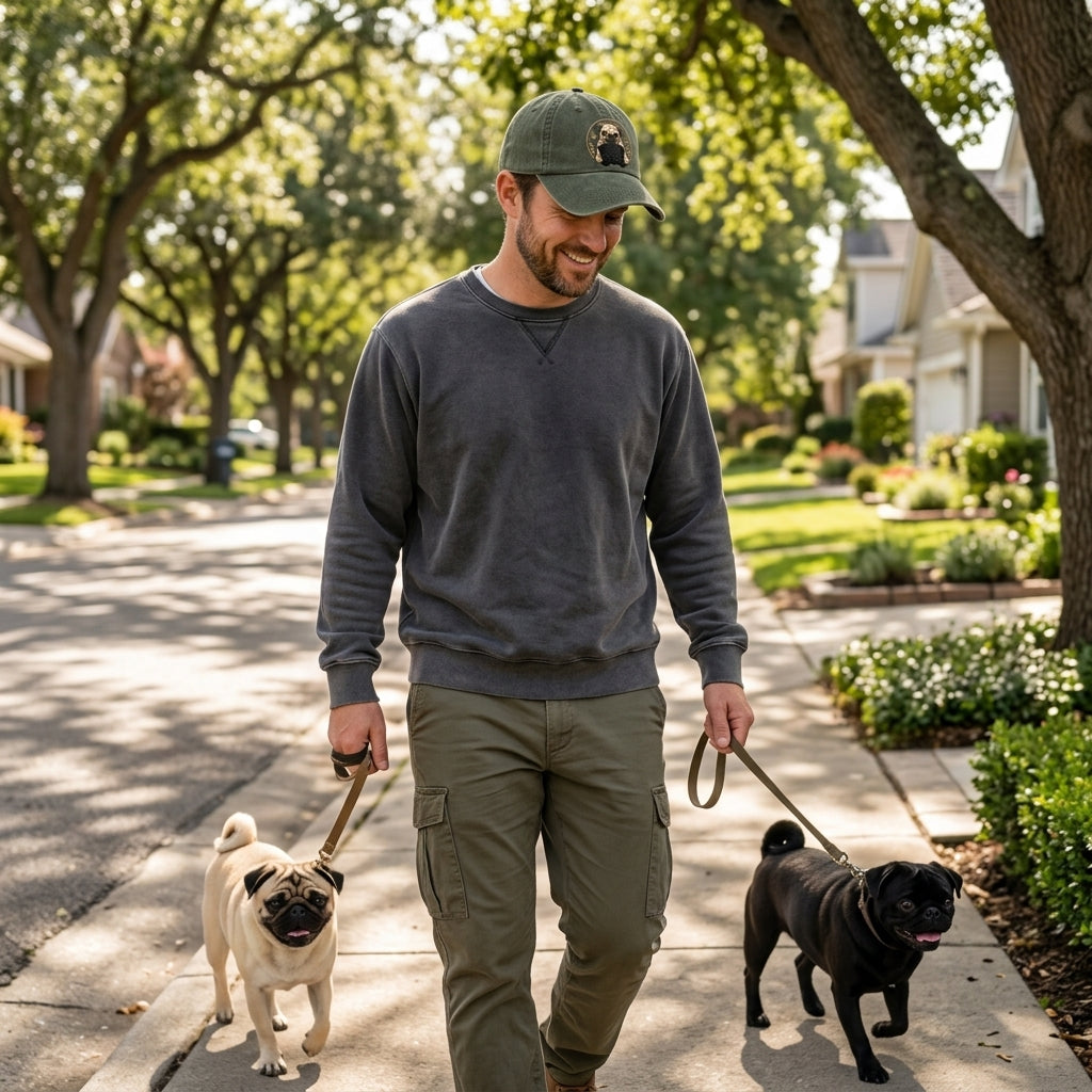 Man walking two dogs on a suburban street