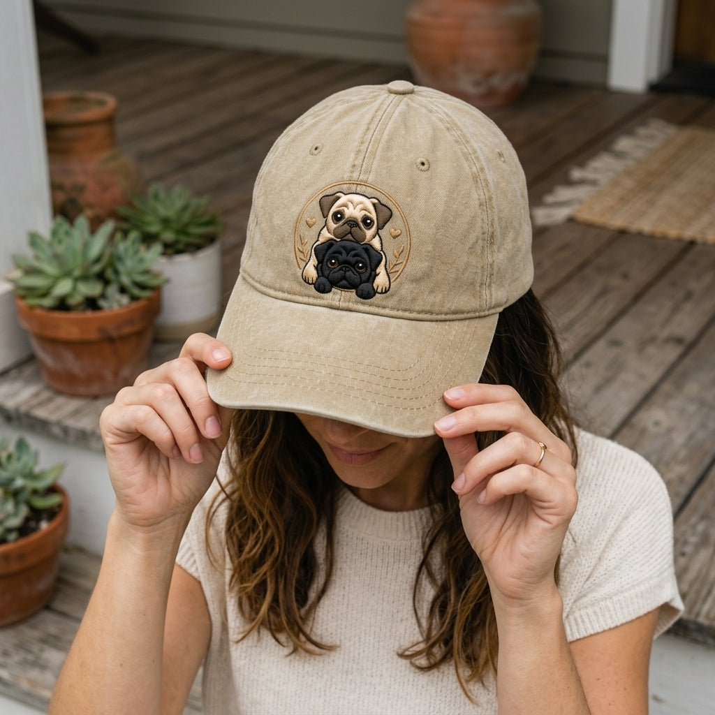 Person holding a beige cap with a pug design on a wooden deck.