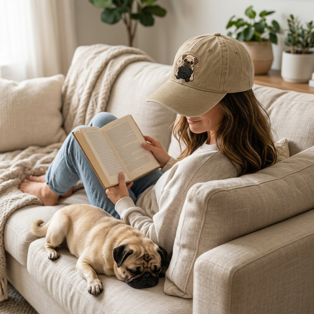 Woman reading a book on a couch with a dog next to her, wearing a beige cap with a dog design.