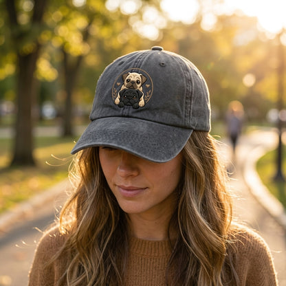 Woman wearing a gray cap with a dog design in a park setting