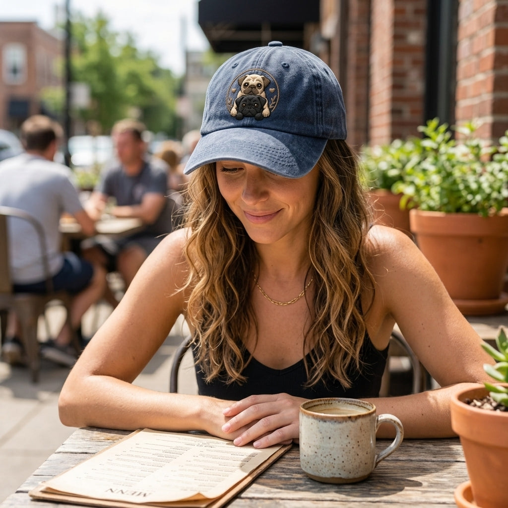Woman sitting at an outdoor cafe table with a menu and coffee, wearing a blue cap with a dog design.