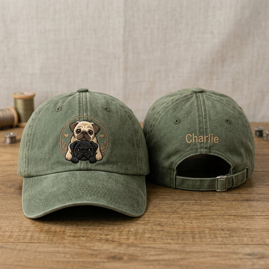 Green baseball cap with dog illustration and 'Charlie' embroidery on a wooden surface.