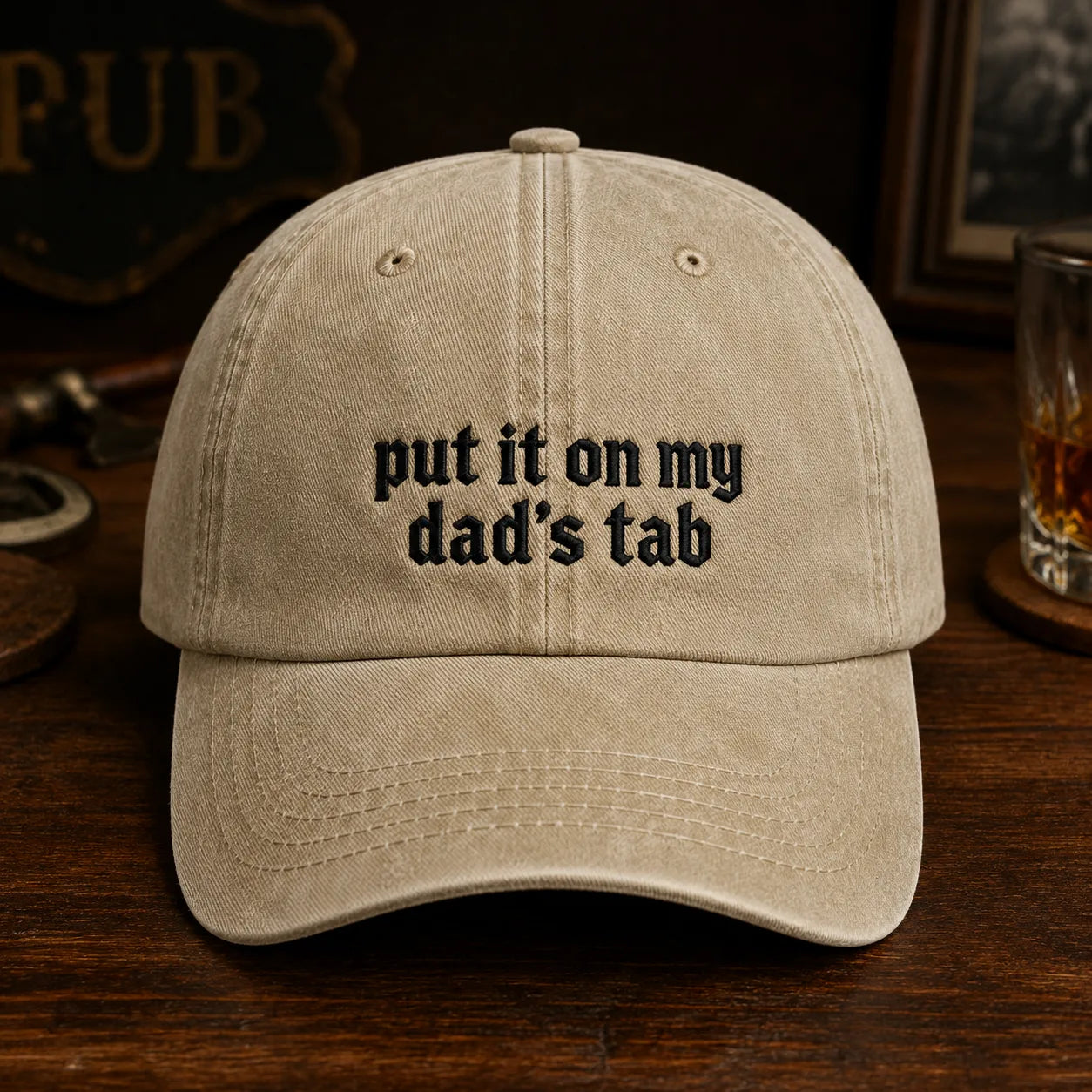 Put It On My Dad's Tab Washed Cap - washed cap - side view