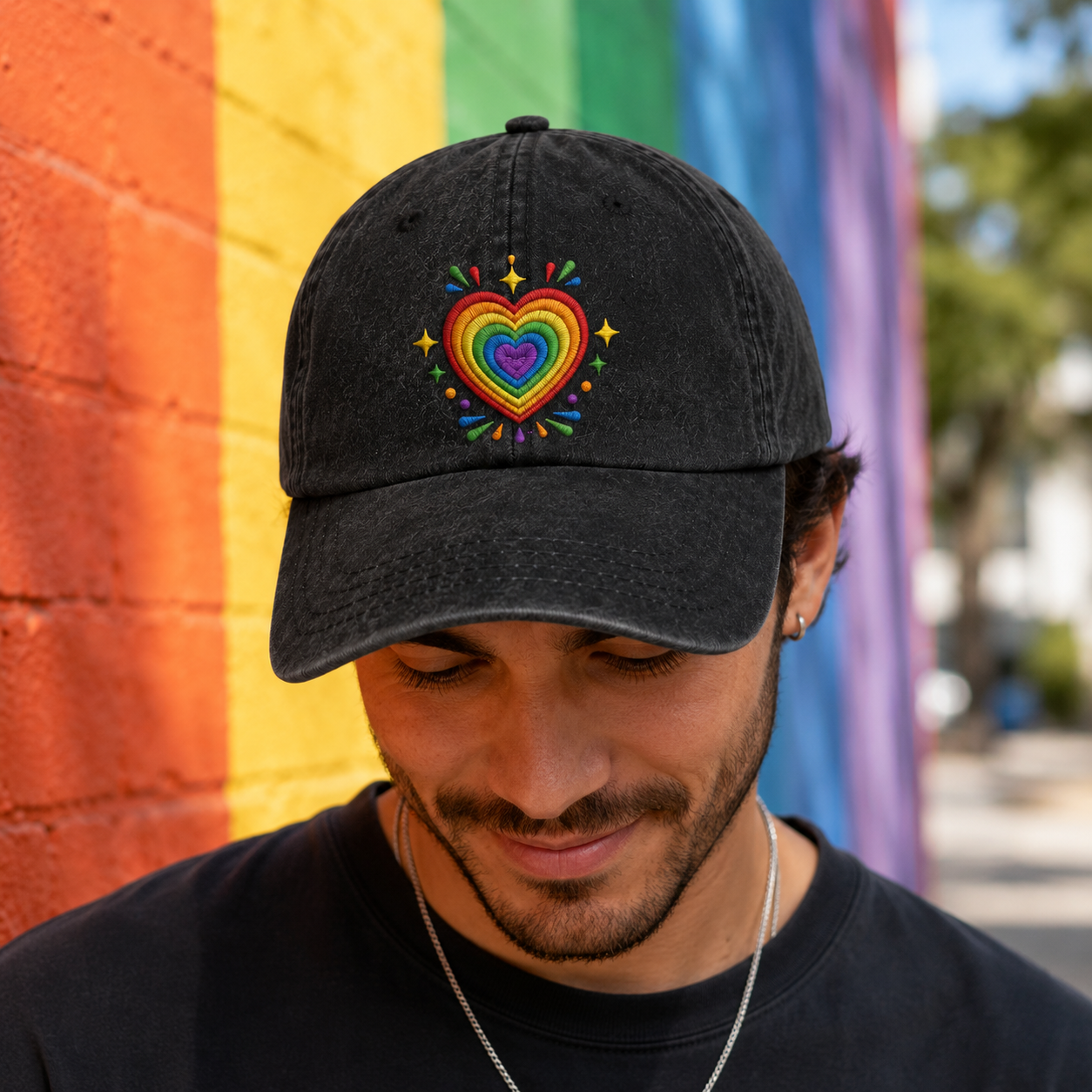 Rainbow Heart Embroidered Washed Cap - Washed Cap - detail