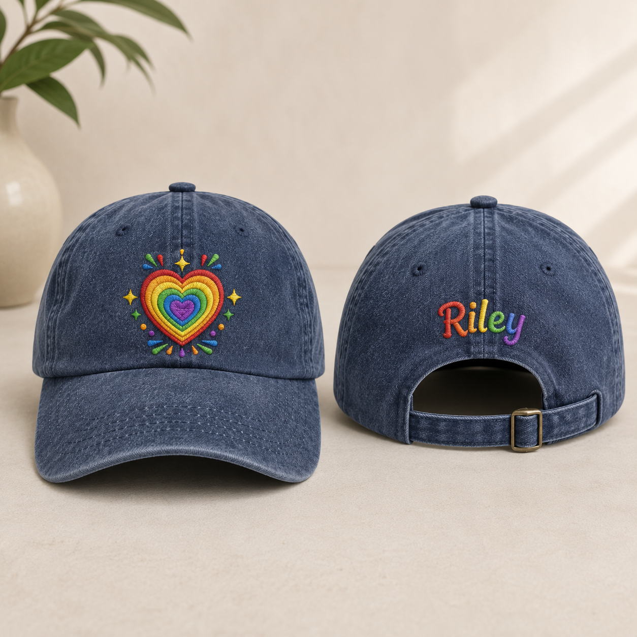 Rainbow Heart Embroidered Washed Cap - Washed Cap - front view
