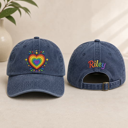 Rainbow Heart Embroidered Washed Cap - Washed Cap - front view