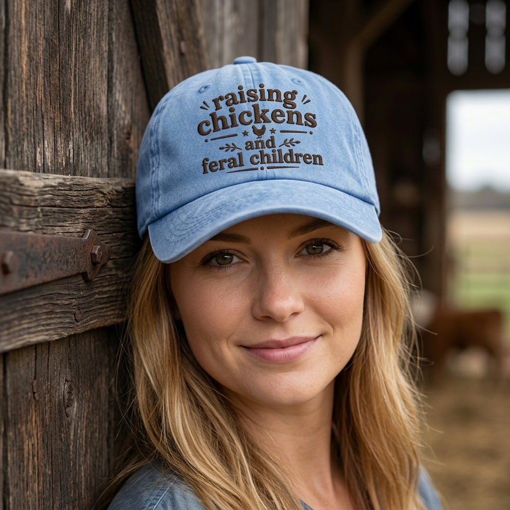Woman wearing a blue cap with text, leaning against a wooden wall.
