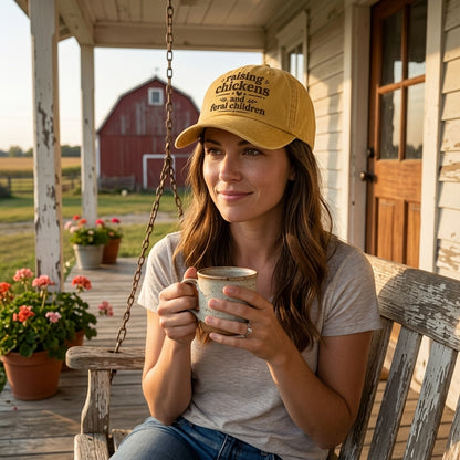 Woman sitting on a porch swing holding a mug, wearing a yellow cap with text, with a red barn in the background.