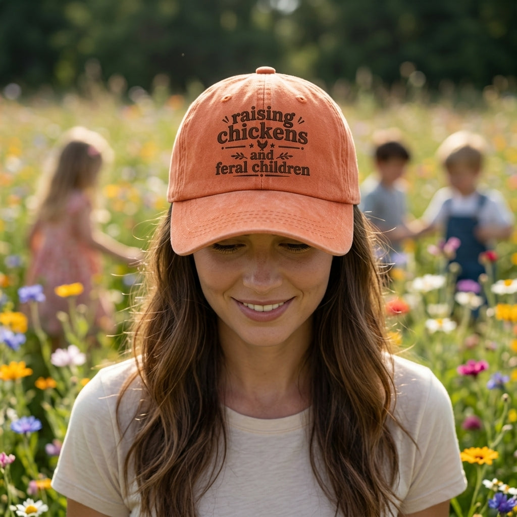 Woman wearing a cap with 'raising chickens and feral children' text in a field of flowers with people in the background.