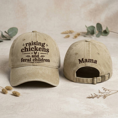 Two beige caps with text on a neutral background