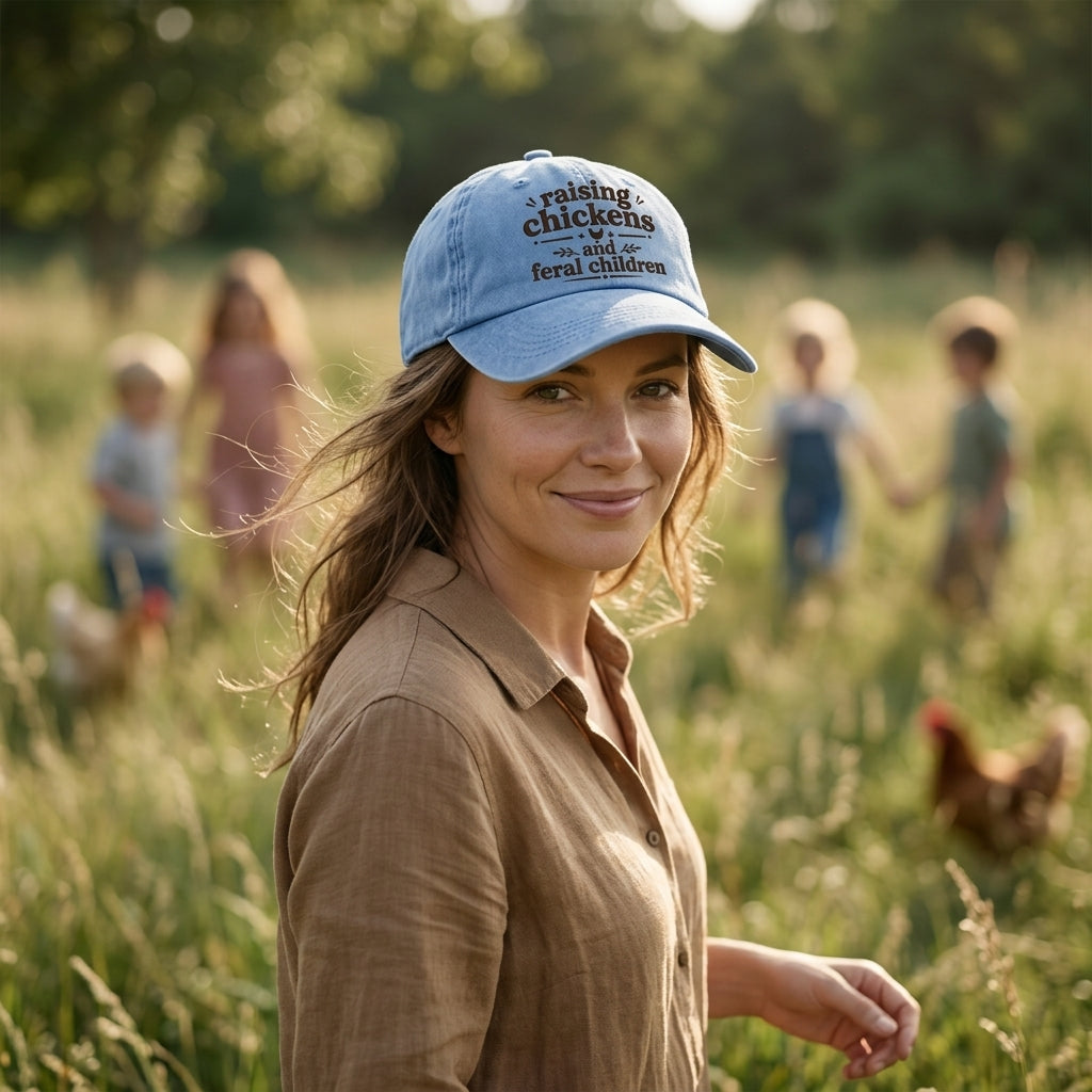 Woman wearing a blue cap with text in a field with children and chickens