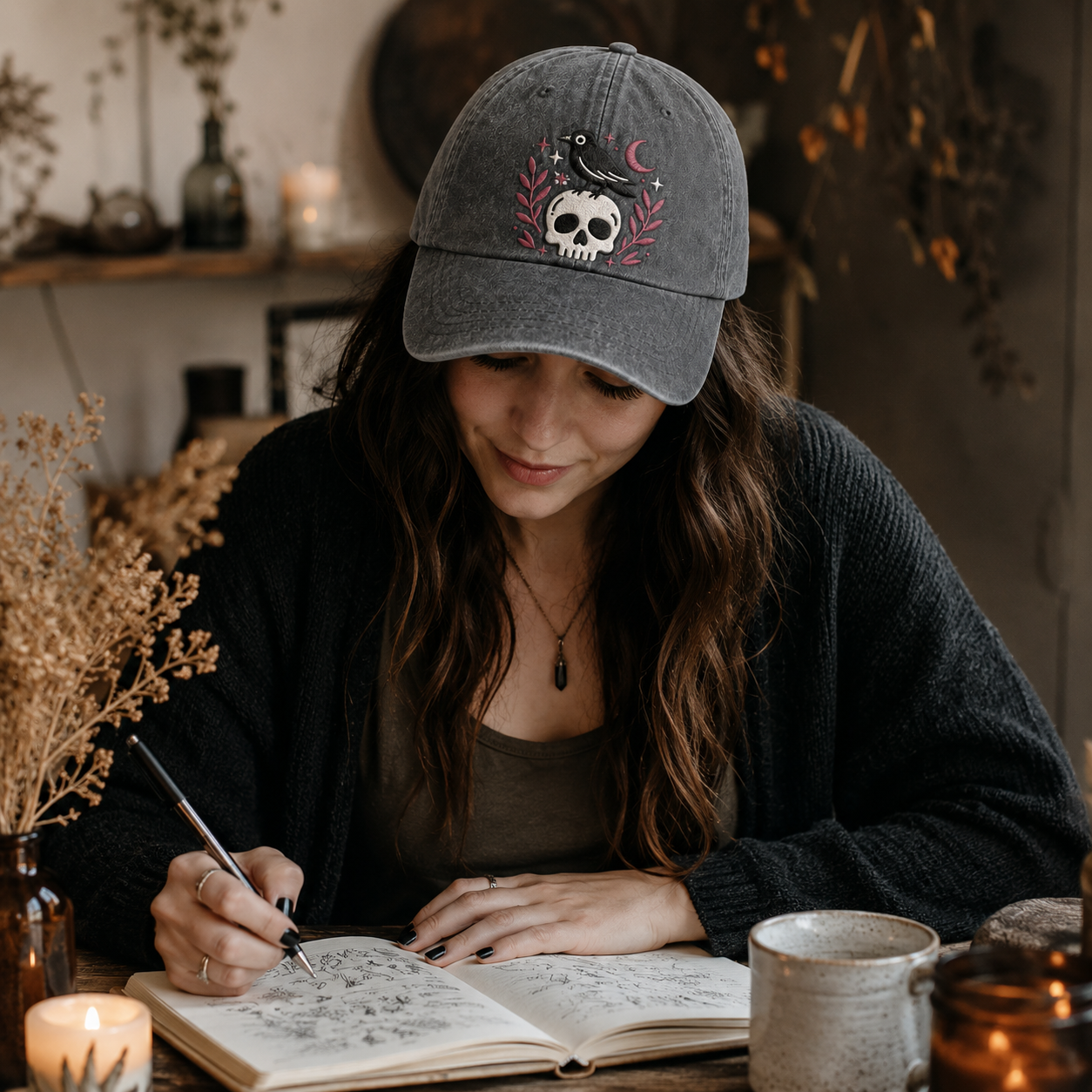 Raven Skull Embroidered Washed Cap - Washed Cap - alternate angle