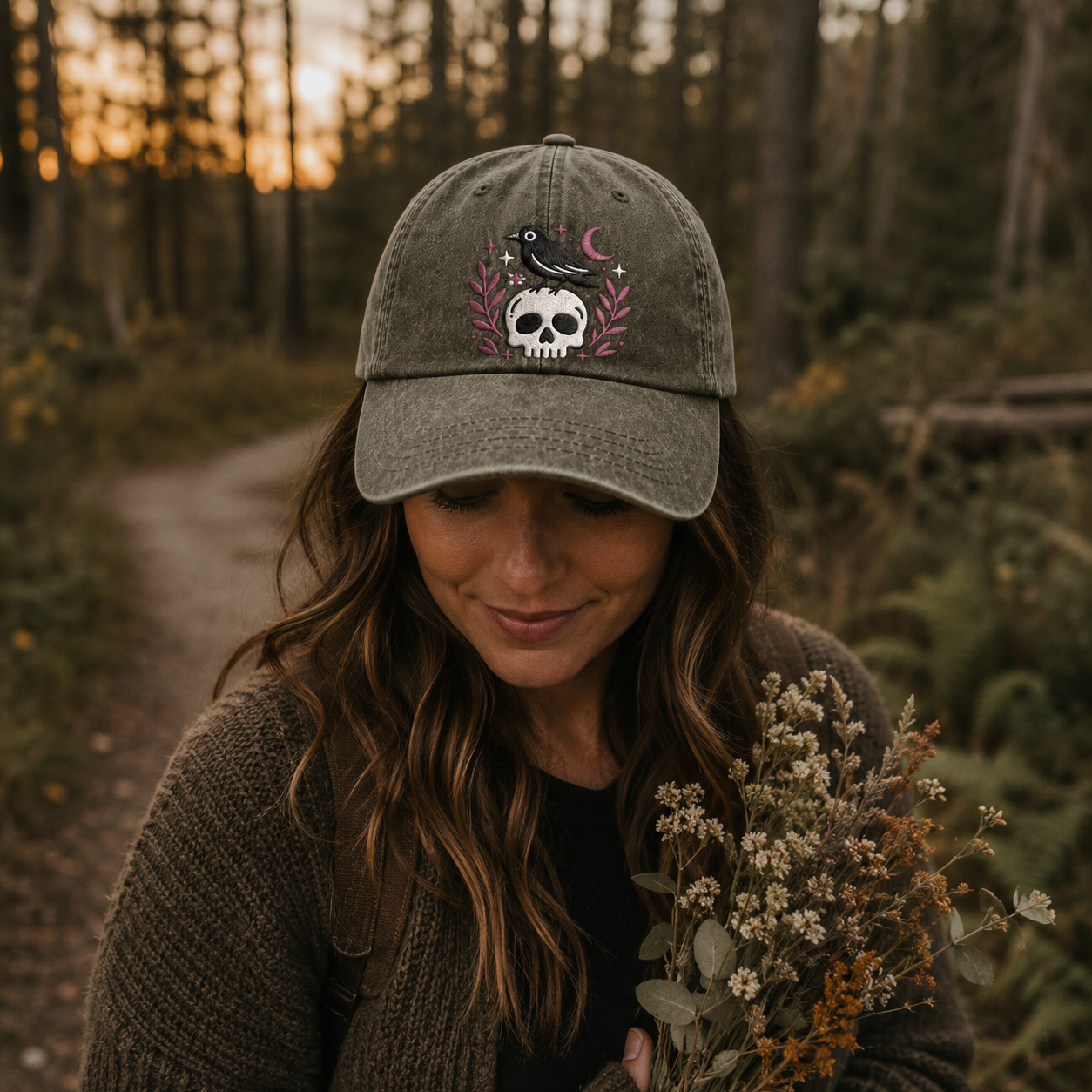 Raven Skull Embroidered Washed Cap - Washed Cap - detail
