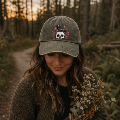 Raven Skull Embroidered Washed Cap - Washed Cap - detail