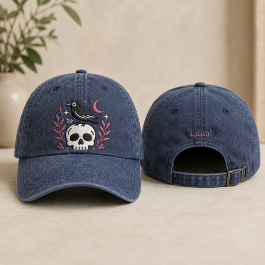 Raven Skull Embroidered Washed Cap - Washed Cap - front view