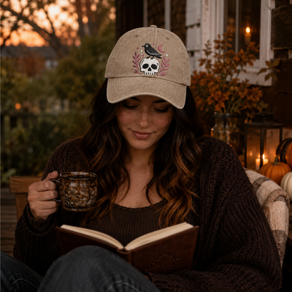 Raven Skull Embroidered Washed Cap - Washed Cap - side view