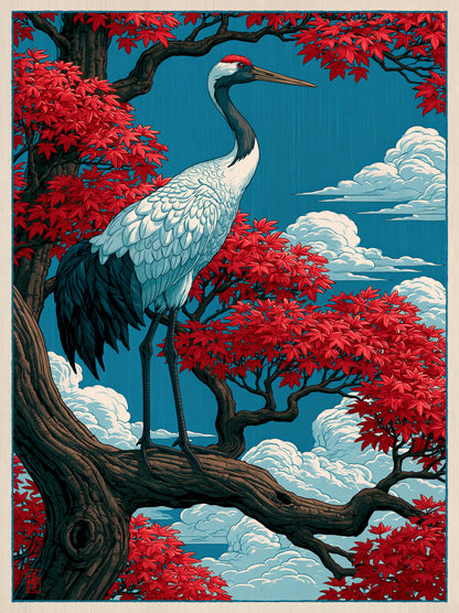 Ukiyo-e Trana Poster - Wall Art Decor - front view - red crowned crane poster, japanese crane art print