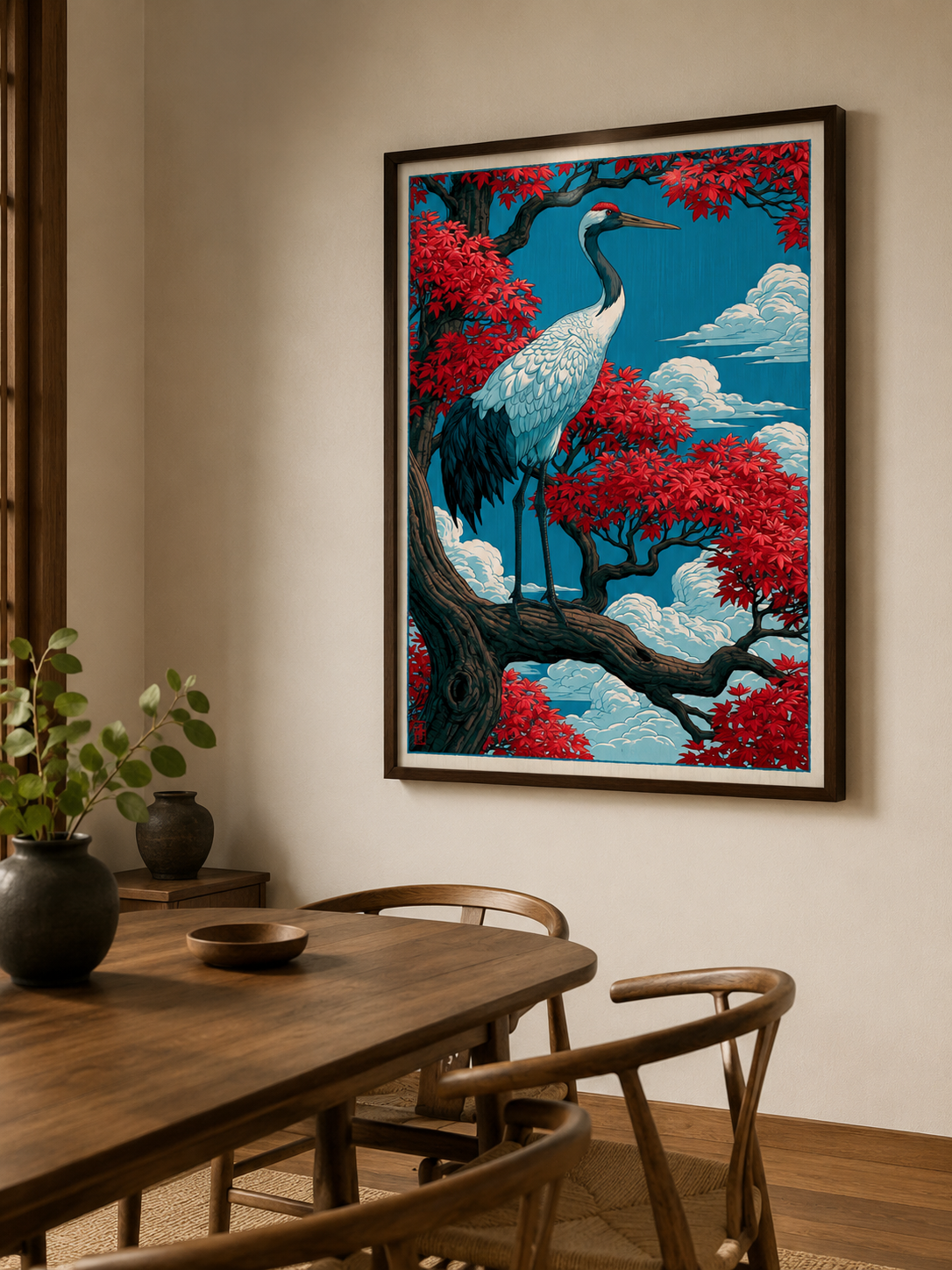 Ukiyo-e Trana Poster - Wall Art Decor - close-up - red crowned crane poster, japanese crane art print