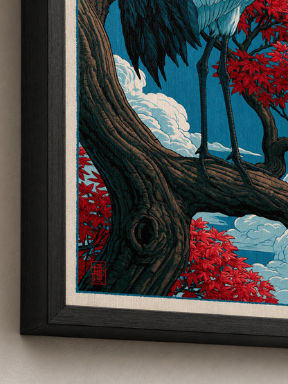 Ukiyo-e Trana Poster - Wall Art Decor - alternate angle - red crowned crane poster, japanese crane art print