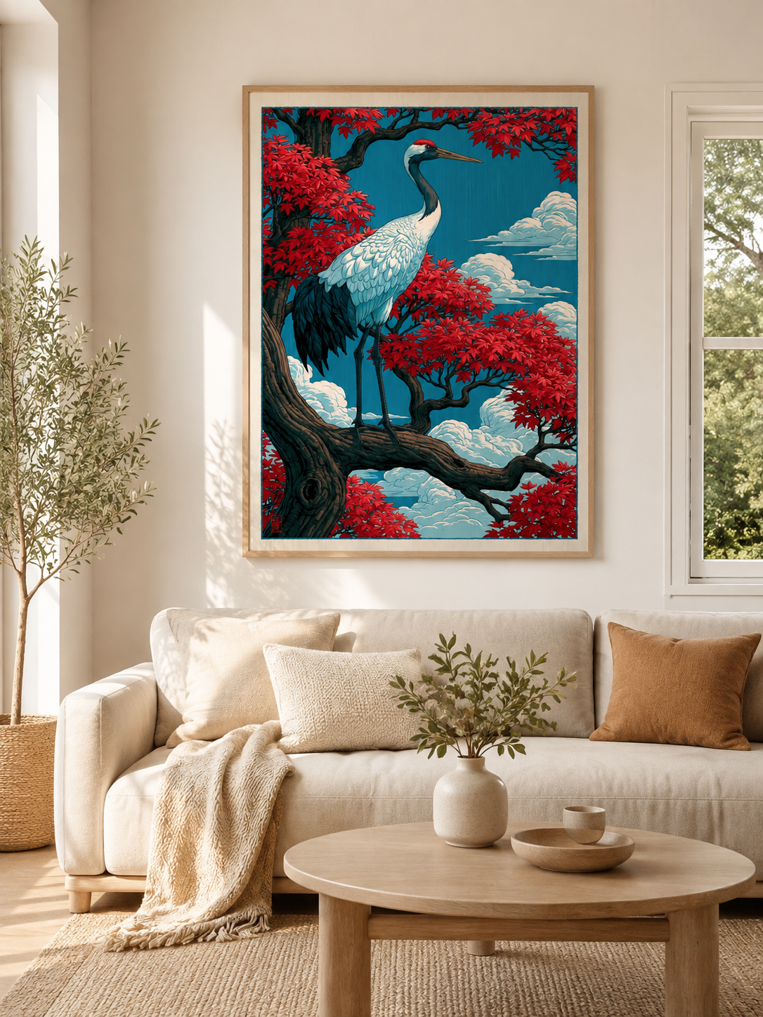 Ukiyo-e Trana Poster - Wall Art Decor - detail view - red crowned crane poster, japanese crane art print