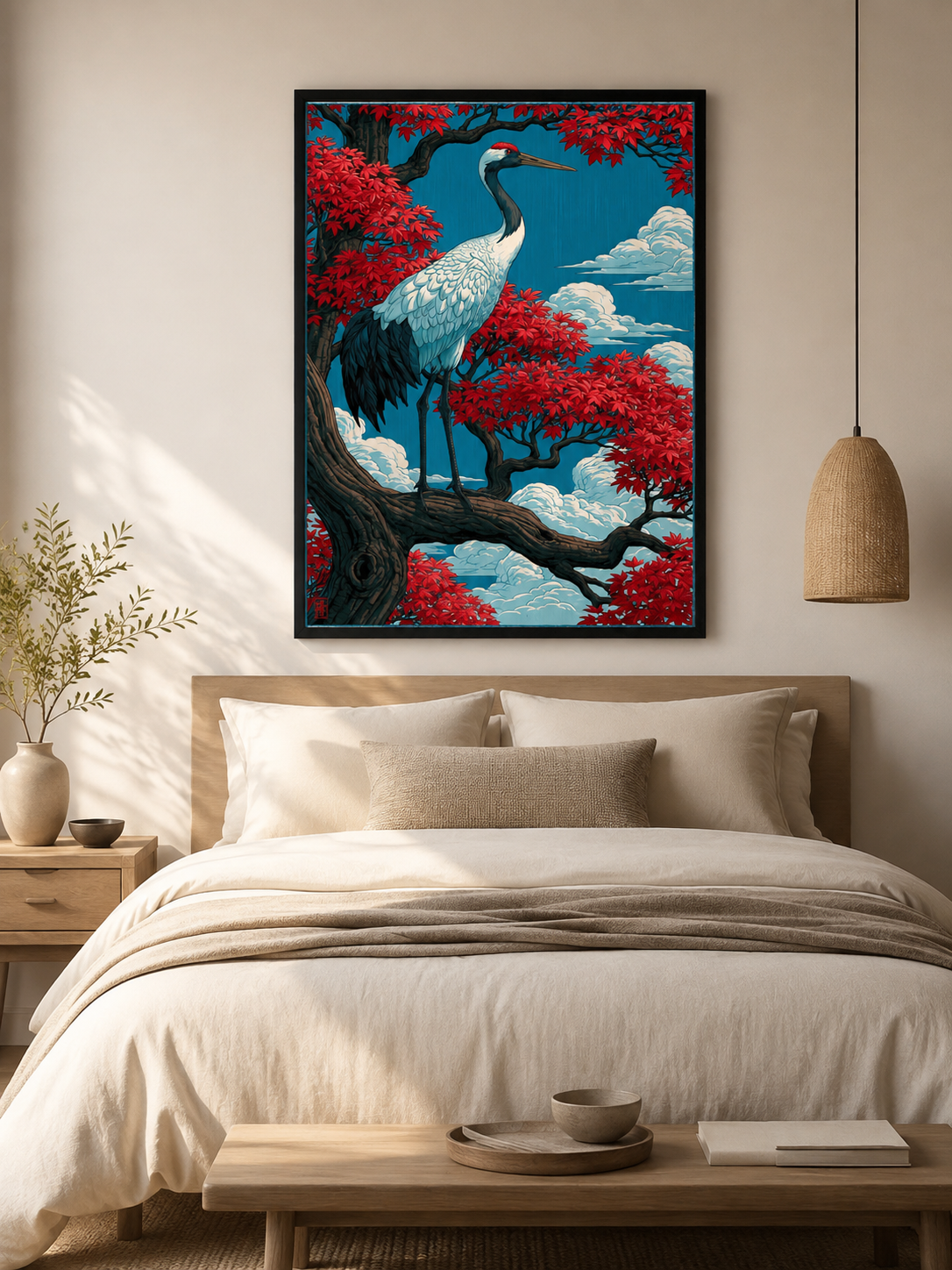 Ukiyo-e Trana Poster - Wall Art Decor - lifestyle shot - red crowned crane poster, japanese crane art print