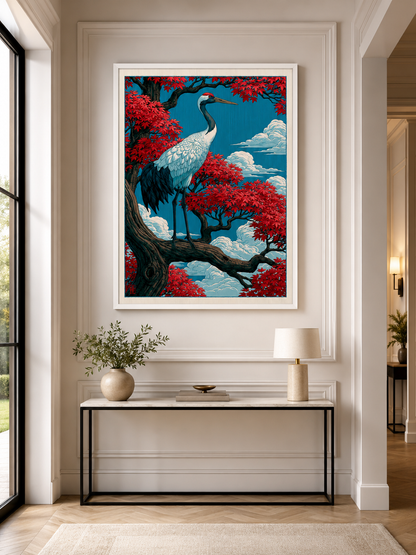 Ukiyo-e Trana Poster - Wall Art Decor - close-up - red crowned crane poster, japanese crane art print