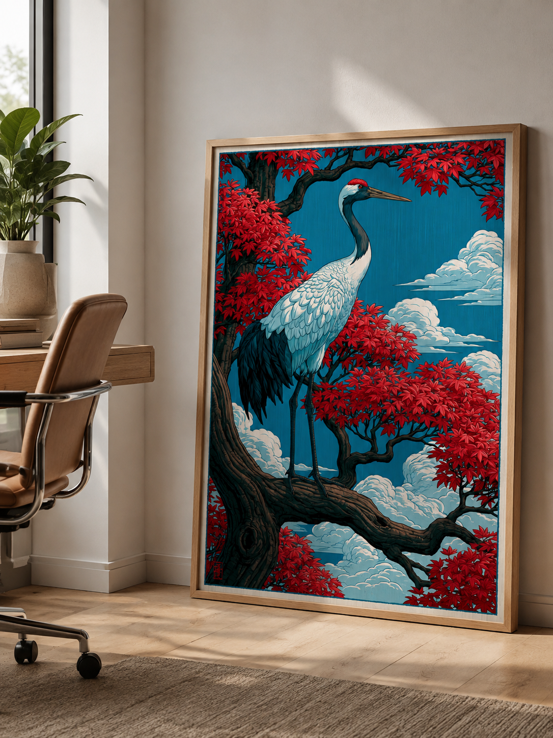 Ukiyo-e Trana Poster - Wall Art Decor - alternate angle - red crowned crane poster, japanese crane art print