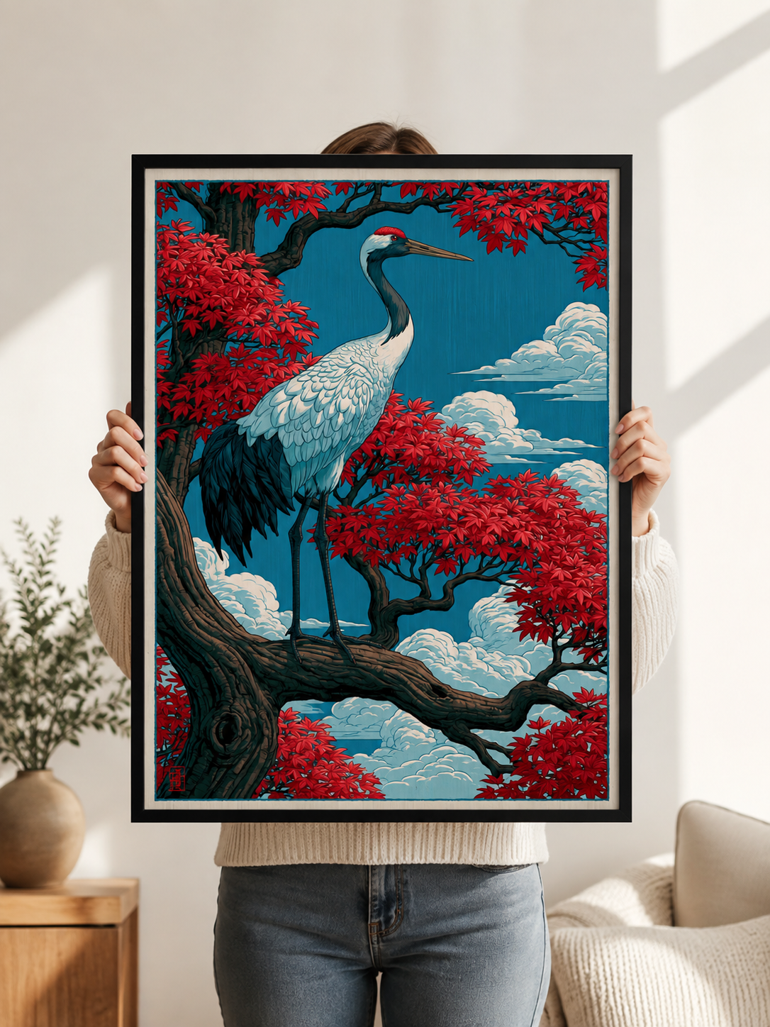 Ukiyo-e Trana Poster - Wall Art Decor - packaging - red crowned crane poster, japanese crane art print