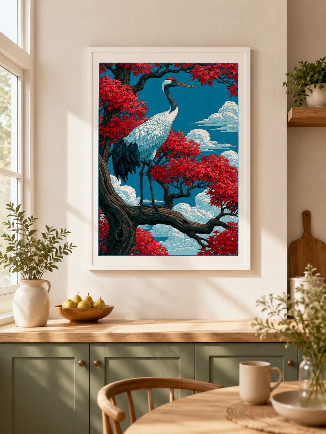 Ukiyo-e Trana Poster - Wall Art Decor - front view - red crowned crane poster, japanese crane art print