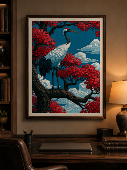Ukiyo-e Trana Poster - Wall Art Decor - detail view - red crowned crane poster, japanese crane art print