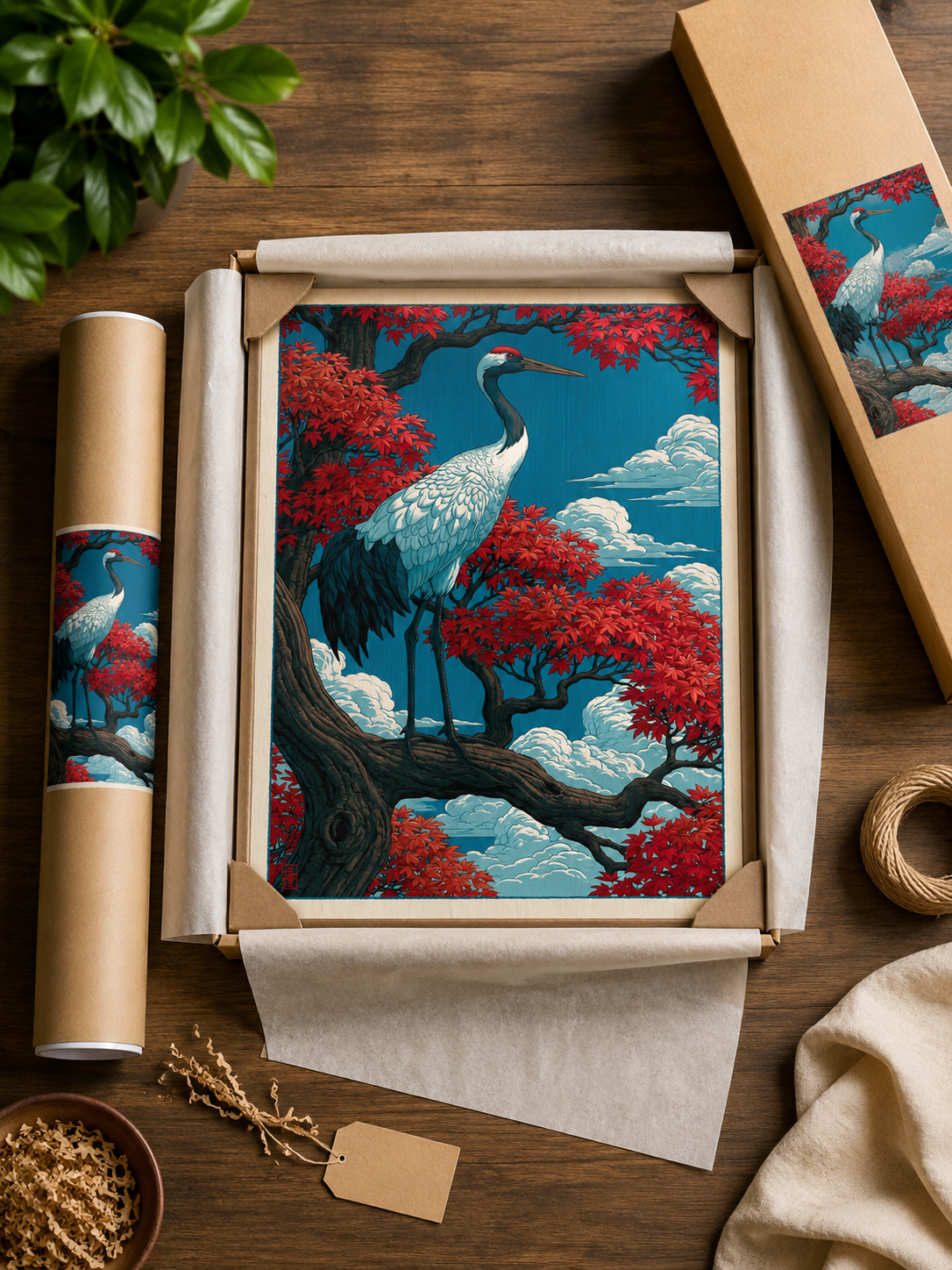 Ukiyo-e Trana Poster - Wall Art Decor - lifestyle shot - red crowned crane poster, japanese crane art print