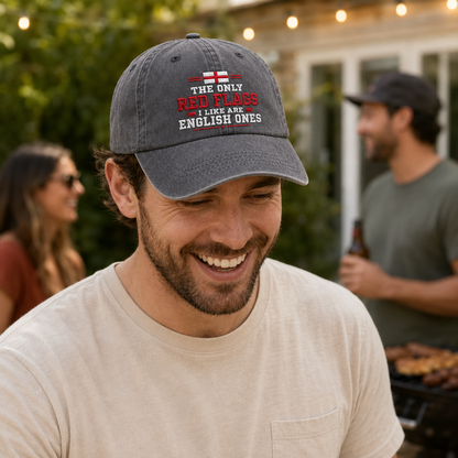 Red Flags English Ones Embroidered Washed Cap - Washed Cap - detail