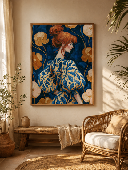 Redhead Portrait Art Print - Wall Art Decor - close-up - redhead portrait art print, navy floral wall art