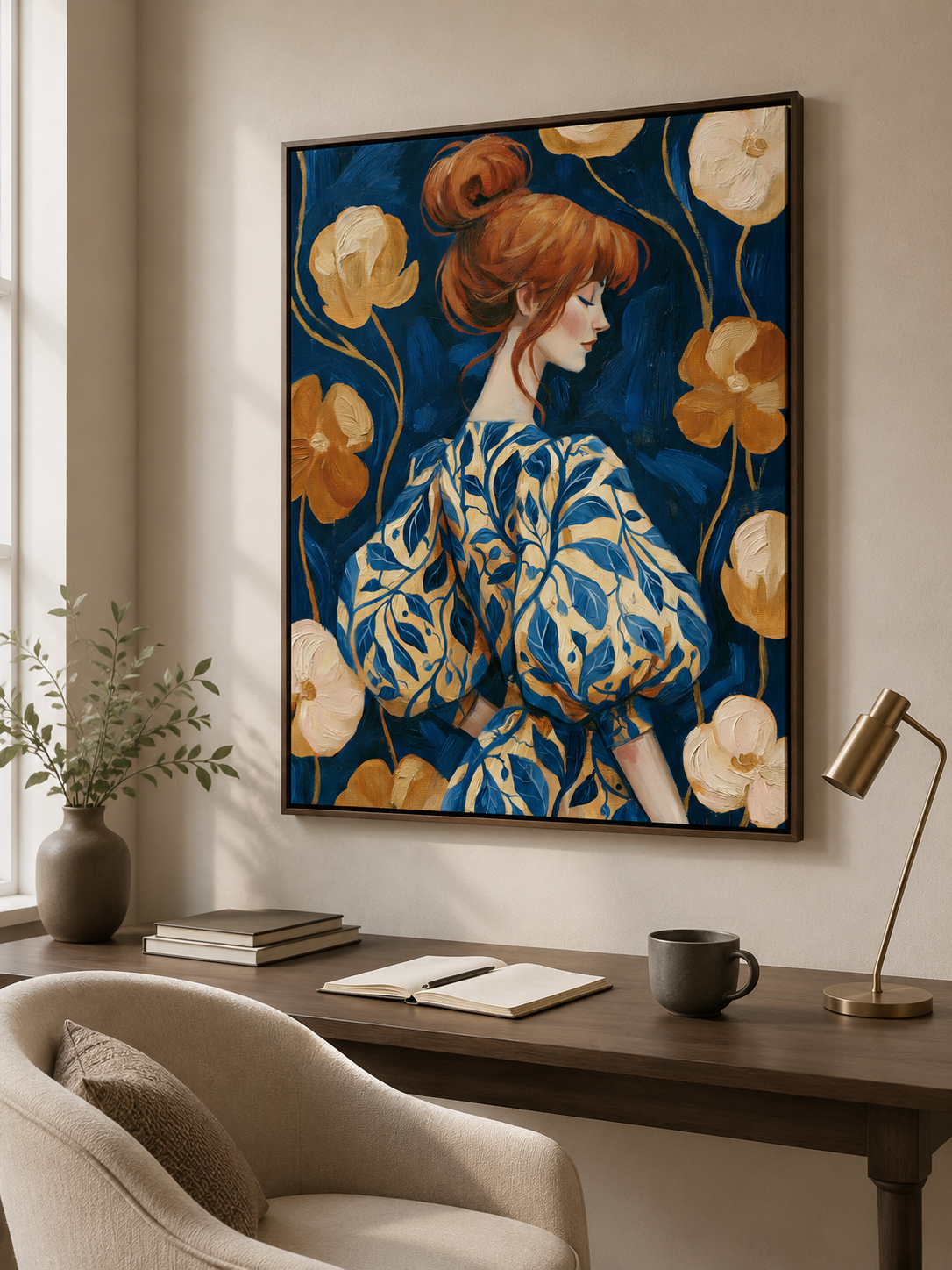 Redhead Portrait Art Print - Wall Art Decor - alternate angle - redhead portrait art print, navy floral wall art
