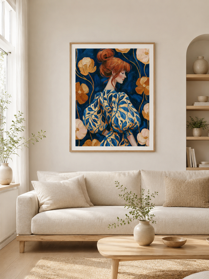 Redhead Portrait Art Print - Wall Art Decor - detail view - redhead portrait art print, navy floral wall art