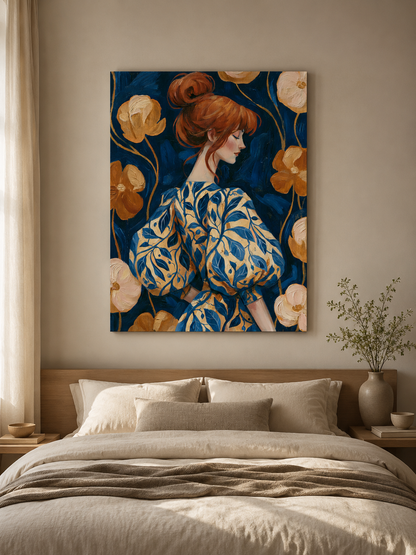 Redhead Portrait Art Print - Wall Art Decor - lifestyle shot - redhead portrait art print, navy floral wall art