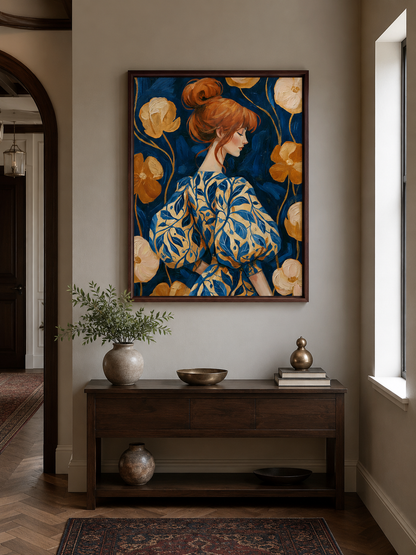 Redhead Portrait Art Print - Wall Art Decor - close-up - redhead portrait art print, navy floral wall art
