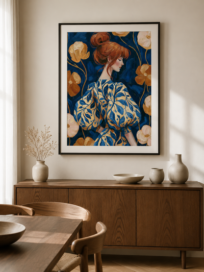 Redhead Portrait Art Print - Wall Art Decor - alternate angle - redhead portrait art print, navy floral wall art