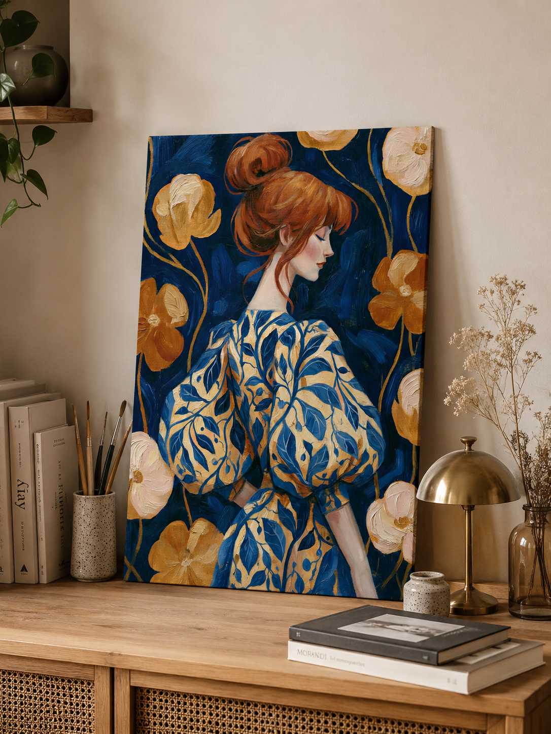 Redhead Portrait Art Print - Wall Art Decor - packaging - redhead portrait art print, navy floral wall art