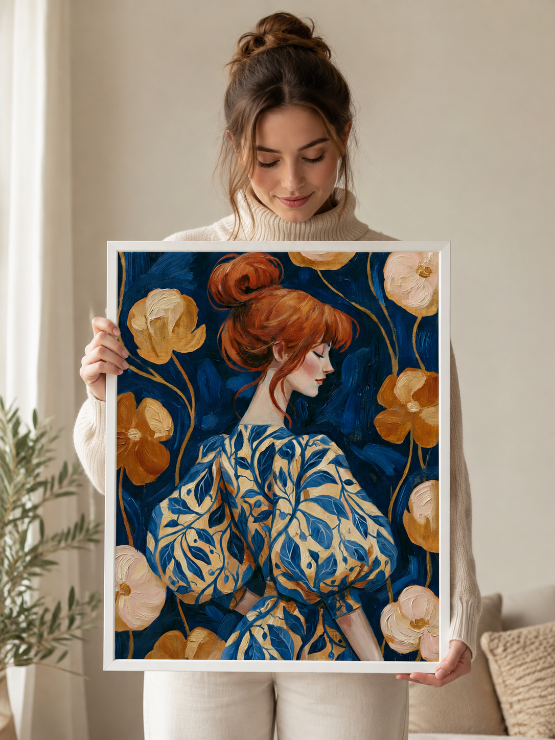 Redhead Portrait Art Print - Wall Art Decor - front view - redhead portrait art print, navy floral wall art