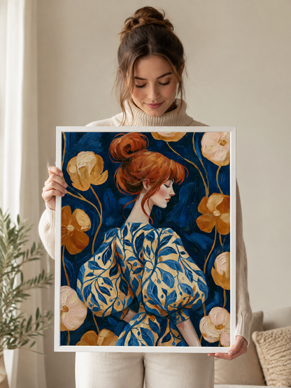 Redhead Portrait Art Print - Wall Art Decor - front view - redhead portrait art print, navy floral wall art