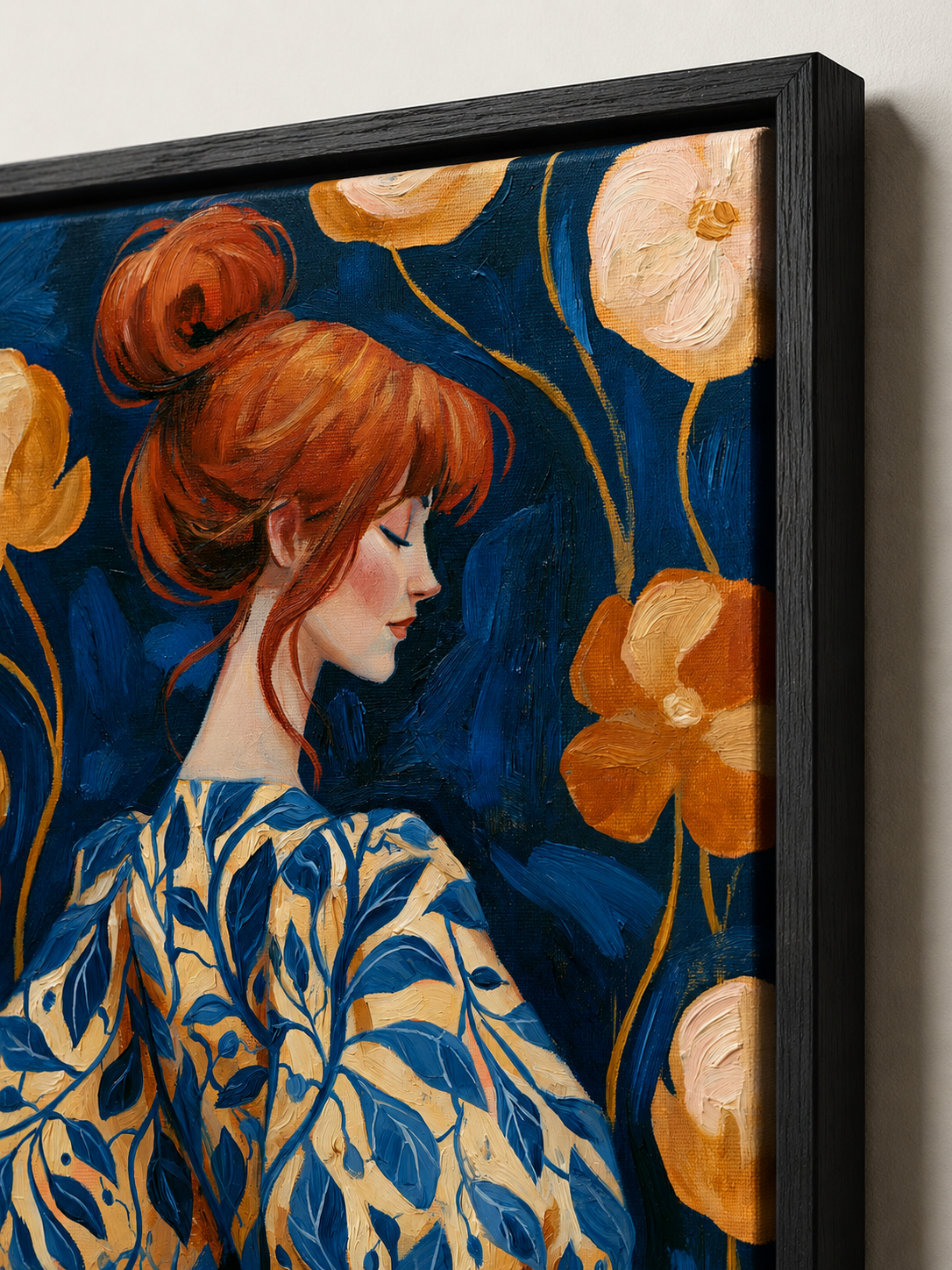 Redhead Portrait Art Print - Wall Art Decor - detail view - redhead portrait art print, navy floral wall art