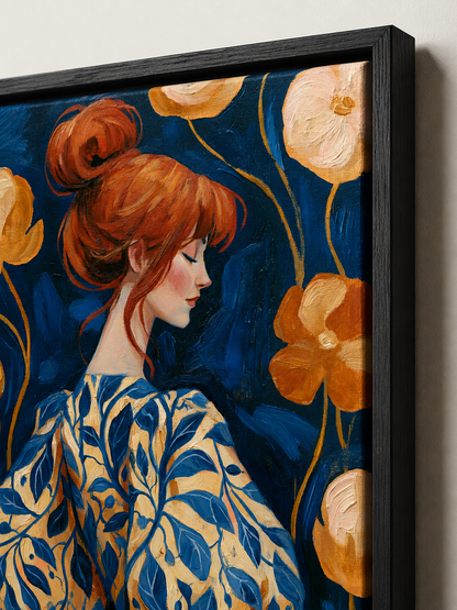 Redhead Portrait Art Print - Wall Art Decor - detail view - redhead portrait art print, navy floral wall art