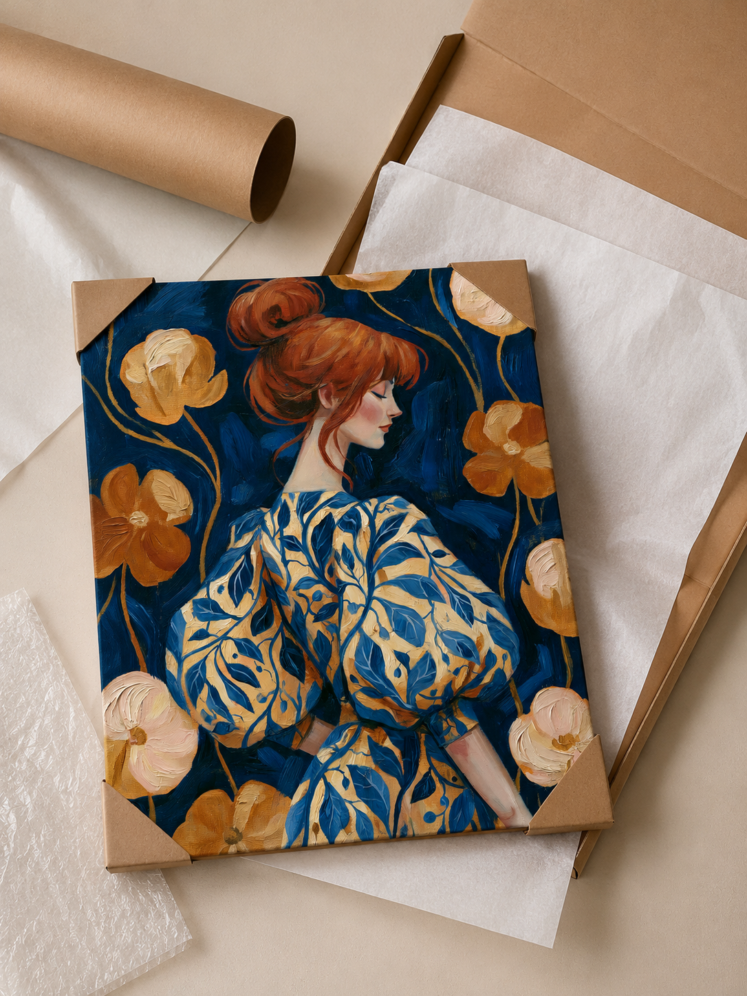 Redhead Portrait Art Print - Wall Art Decor - lifestyle shot - redhead portrait art print, navy floral wall art