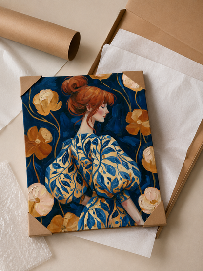 Redhead Portrait Art Print - Wall Art Decor - lifestyle shot - redhead portrait art print, navy floral wall art